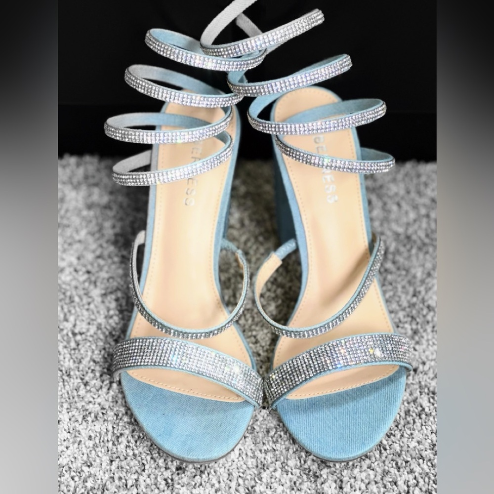 Pastel Blue Dinem Heels with Rhinestones